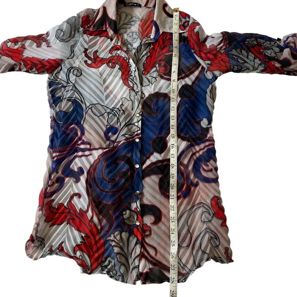 DAVID CLINE Sheer Top Size Medium Paisley Print Beautiful Buttons 3/4 Sleeves - Picture 7 of 8